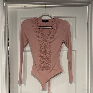 Lulu's Pink Lace Trim Bodysuit